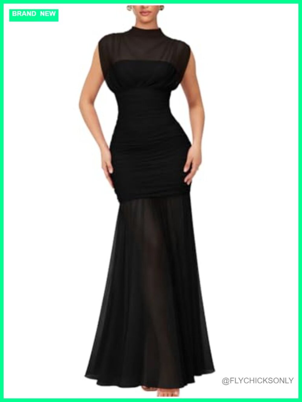 Sleeveless Mesh High Neck Ruched Cocktail Maxi Dress Formal Evening Gown